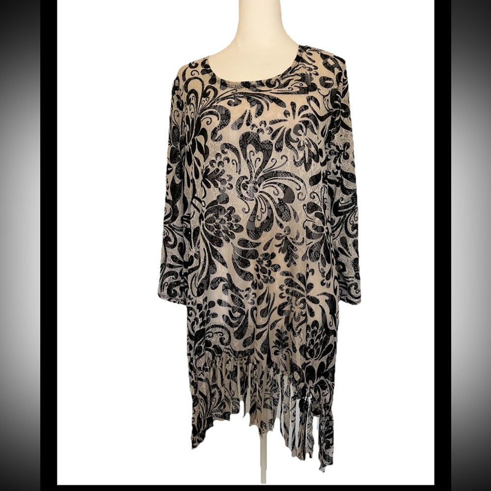 Chico’s Travelers 3 Black Cream Floral Tunic /Swim Cover Up Fringe 3/4 Sleeve XL